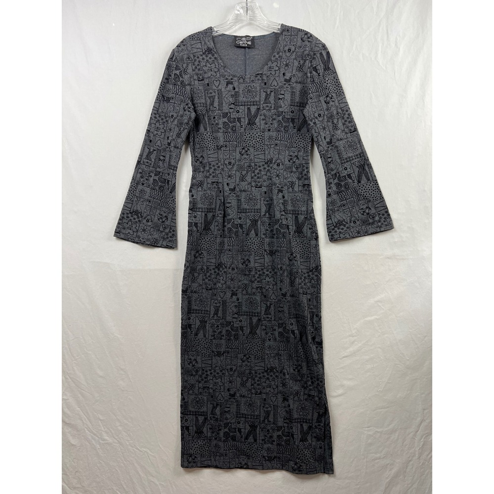 Y2K Cop Copine Paris Midi Dress Women XS Gray Graphic Doodle Bell Sleeve